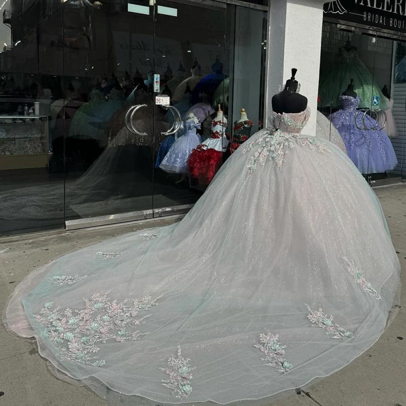 Pink Off The Shoulder 3D wers Ball Gown Quinceanera Dresses ral Appliques Lace Tull Corset Vestidos De 15 Anos