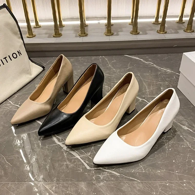 High-heeled Women's Pointed Fashion Simple Single Light Casual Mid-heel Party Office Shoes c57e