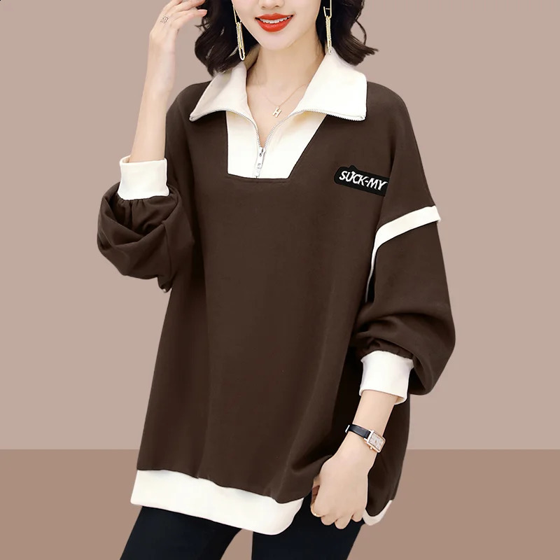 Womens fashion patch work casual street clothing oversized sportswear womens decal half zipper long sleeved top 240827