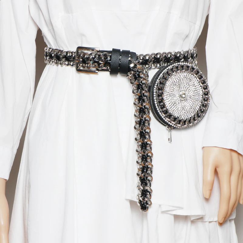 Punk Woven Belt Wide Chain Waist Bag Adjustable with Coin Women Cute Heart Circular Fanny Pack 240830Z