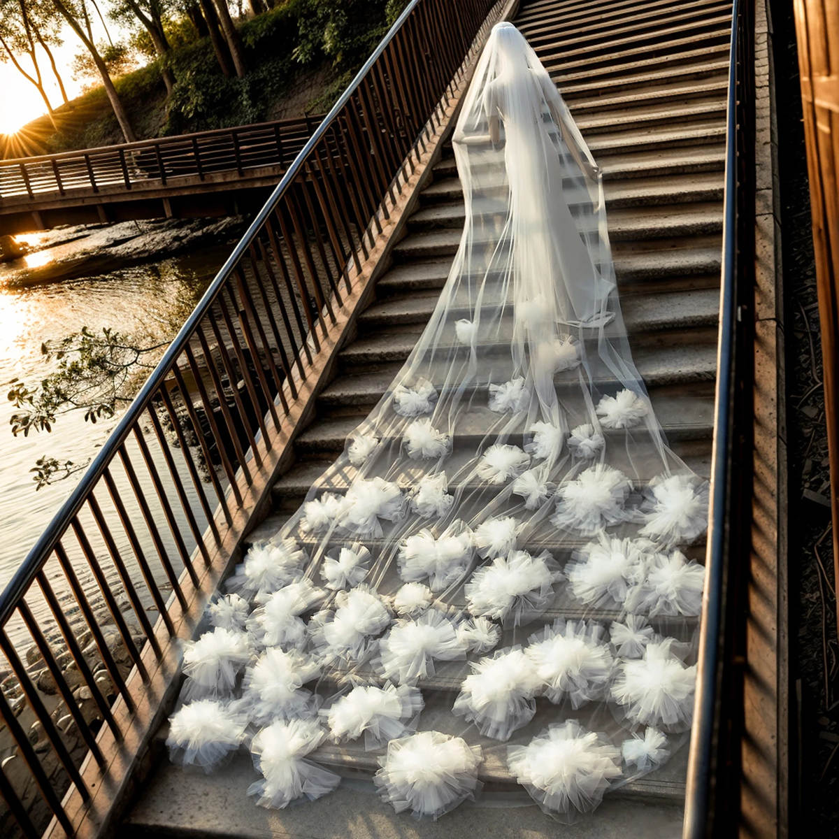 Luxury Wedding Veil Flowers Tulle One Layer Long Cathedral Length Veils Applique Edge Velo De Cabeza For Bride Voile Custom Made