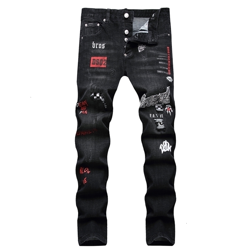 Black digital printed fashionable torn jeans with embroidered letters and rhinestones mid waist casual jeans 240829