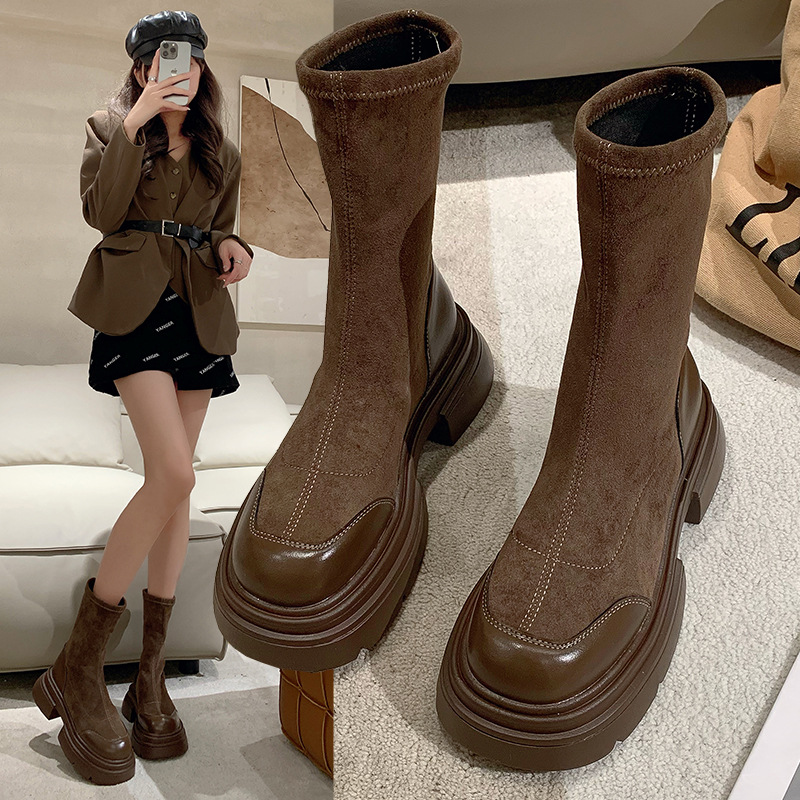 Women Fashion Stretch Patchwork Platform Ankle Boots Women Autumn Thick Sole Slip on Sock Boots Woman Chunky Heels Botas Mujer