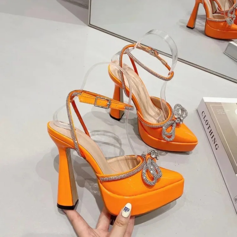 Brand Love Rhinestone/Flower Strap Sandals Model Show Bow Tie High Heels Thick Heel Waterproof Platform Size 35-43 Women's Shoes