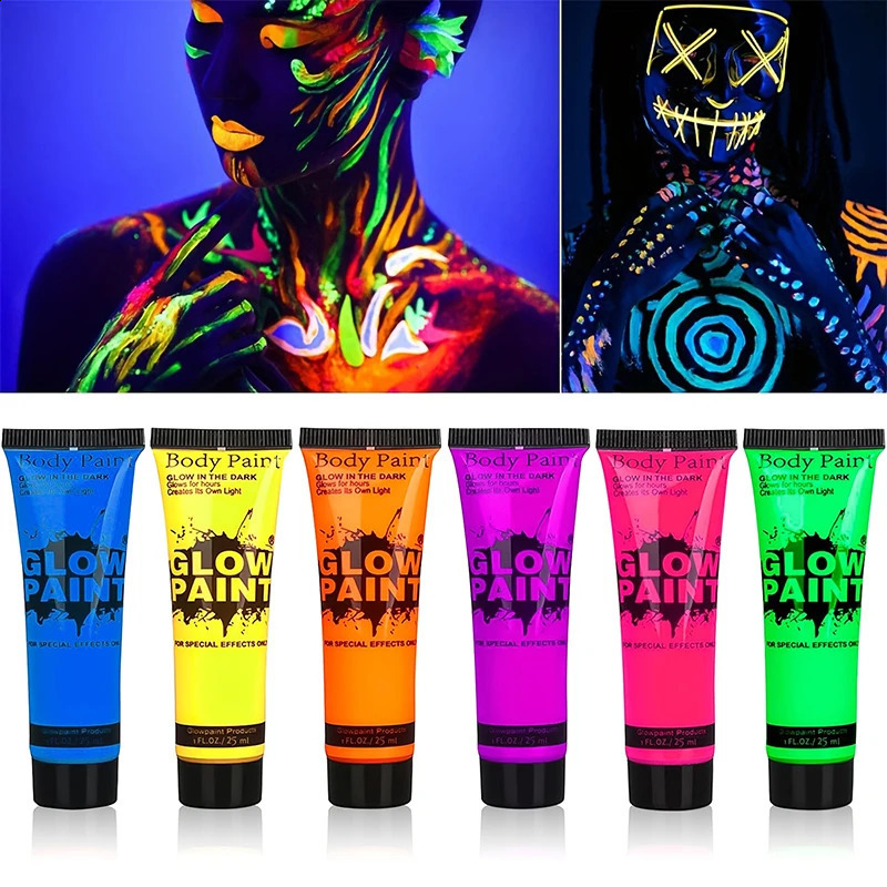 6 Colors/Set Quicker Dry Glow in the Dark Body and Face Paint Halloween Party Washable Fluorescent Makeup Music Festival 240829