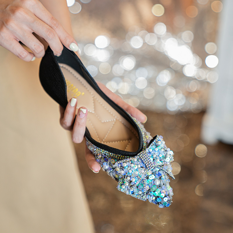 women pointed toe colorful glitter ballet flats pearl beading bowknot moccasins ladies designer crystal flat shoes comfy loafers