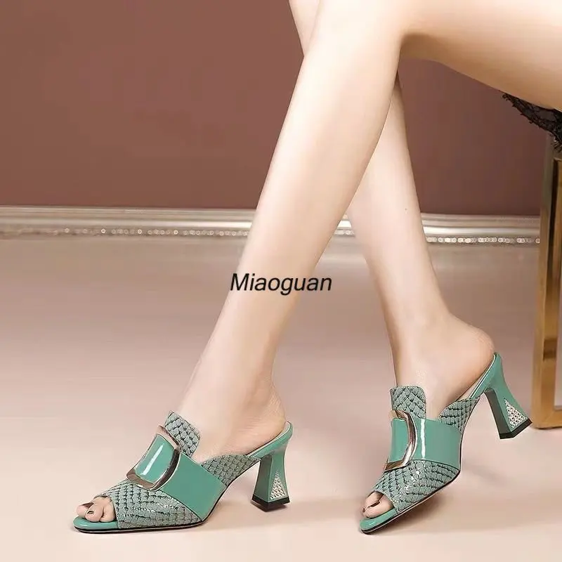 2024 Open-toe Women Sandals Elegant Thick Middle Heels Slippers Fashion Summer Comfort Woman High Heel Shoes Chaussure Femme