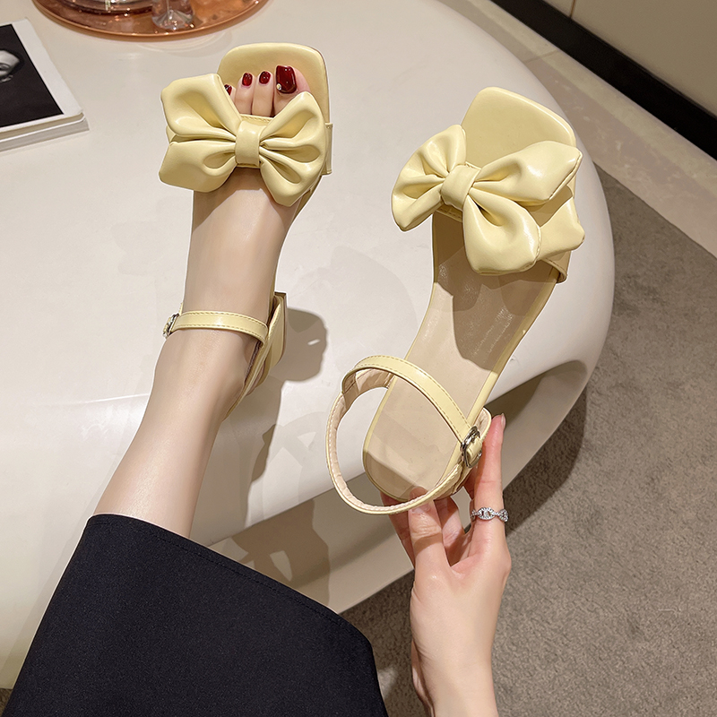 Large Solid Color Open-toe Sandals Women 2023 Summer New One-e Buckle Fashion Temperament Bow Knot Comfortable Women's Shoes