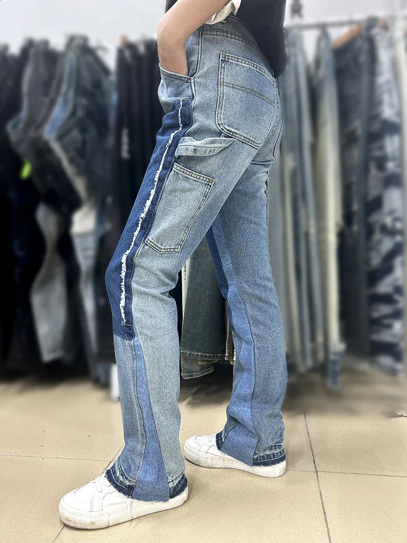 European and American High Street Washed Splicing Multipocket Blue Flared Jeans Retro Brushed Pants Trendy Denim Trousers 9307 240826Z