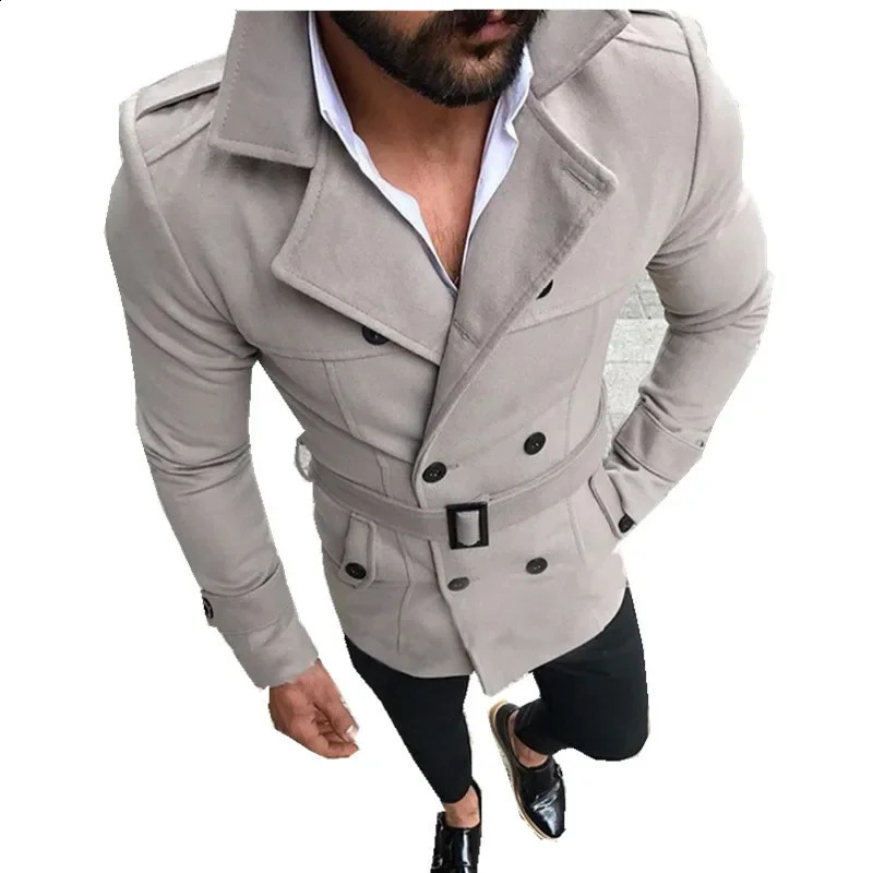 Mens wool jacket with autumn and winter collars double button windproof slotted jacket with cold resistant mid length jacket 240829