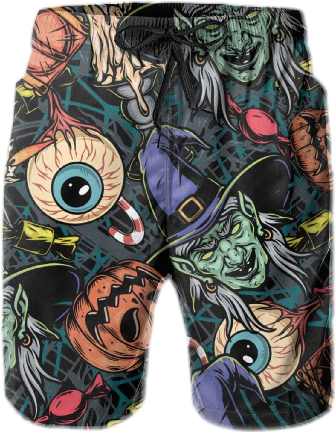 Mens Shorts 3D Printing Pattern Halloween Scary Witch Swim Trunks Quick Dry Casual Beach Board Swimwear