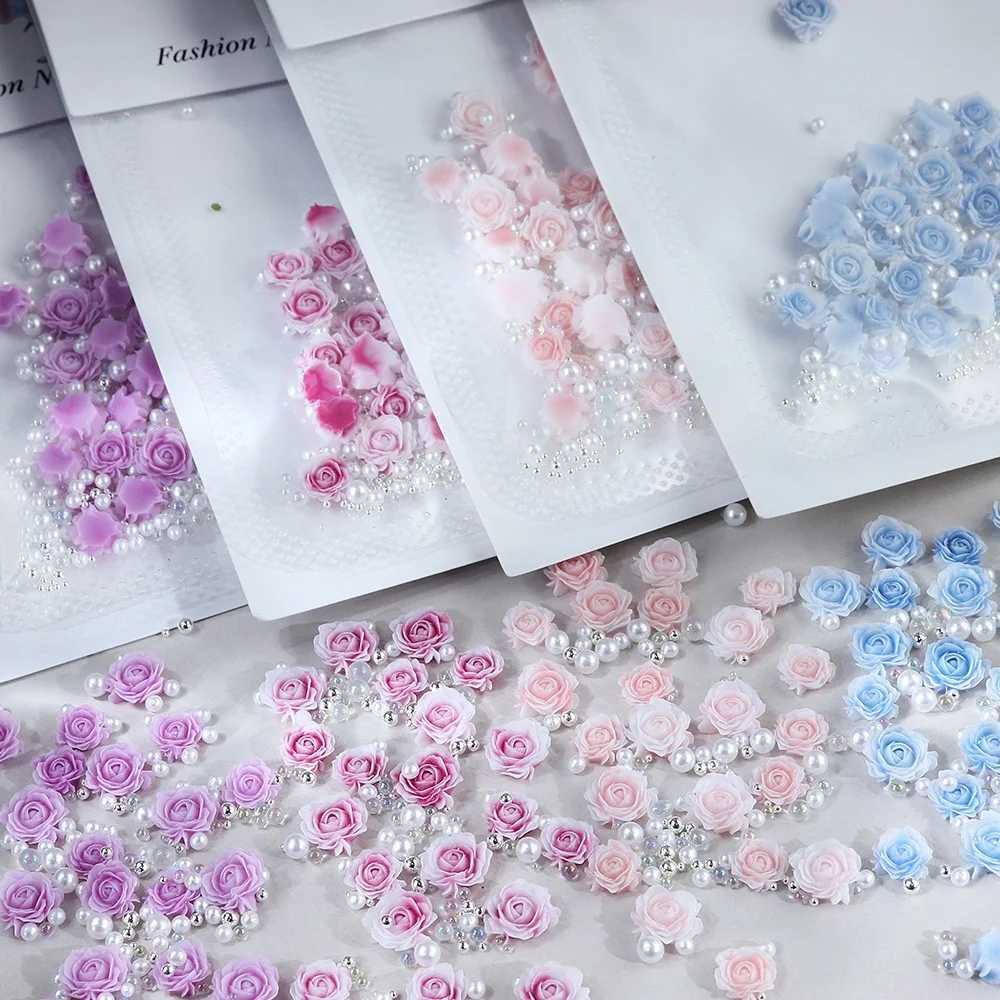 30 pieces/bag Rose Design Nail Charm 3D Mixed Pearl Bead Water Diamond Round Flower Nail Decoration Romantic Valentines Day Supplies W240829