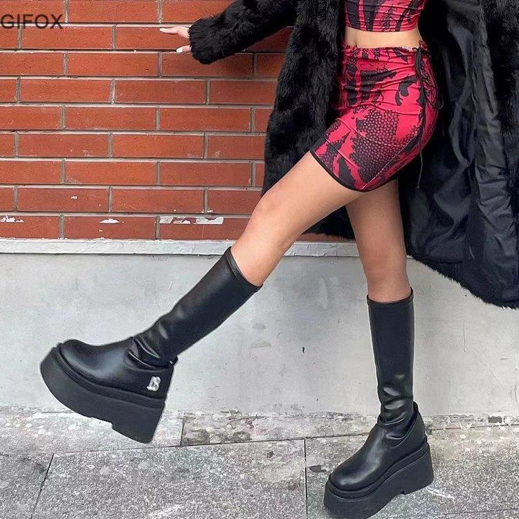 GIGIFOX Gothic Platform High Shoes For Women Halloween Combat Motorcycle Black Punk Chunky Long Design Boots