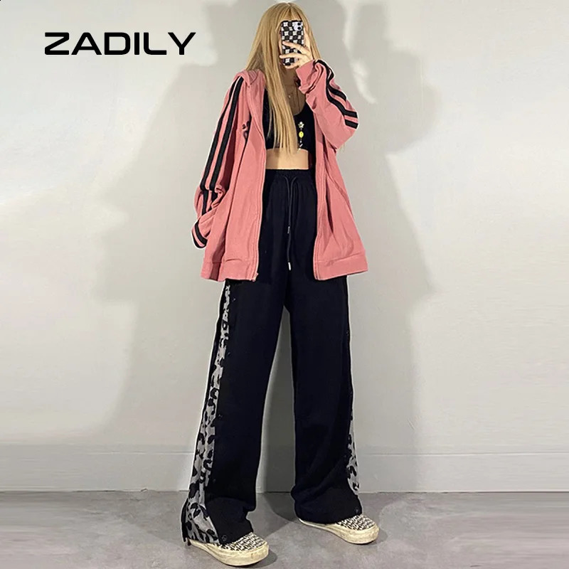 ZADILY Y2K Street Sytle Elastic Waist Straight Pants Harajuku Loose Patch Work Leopard Pattern Womens Summer Trousers 240827