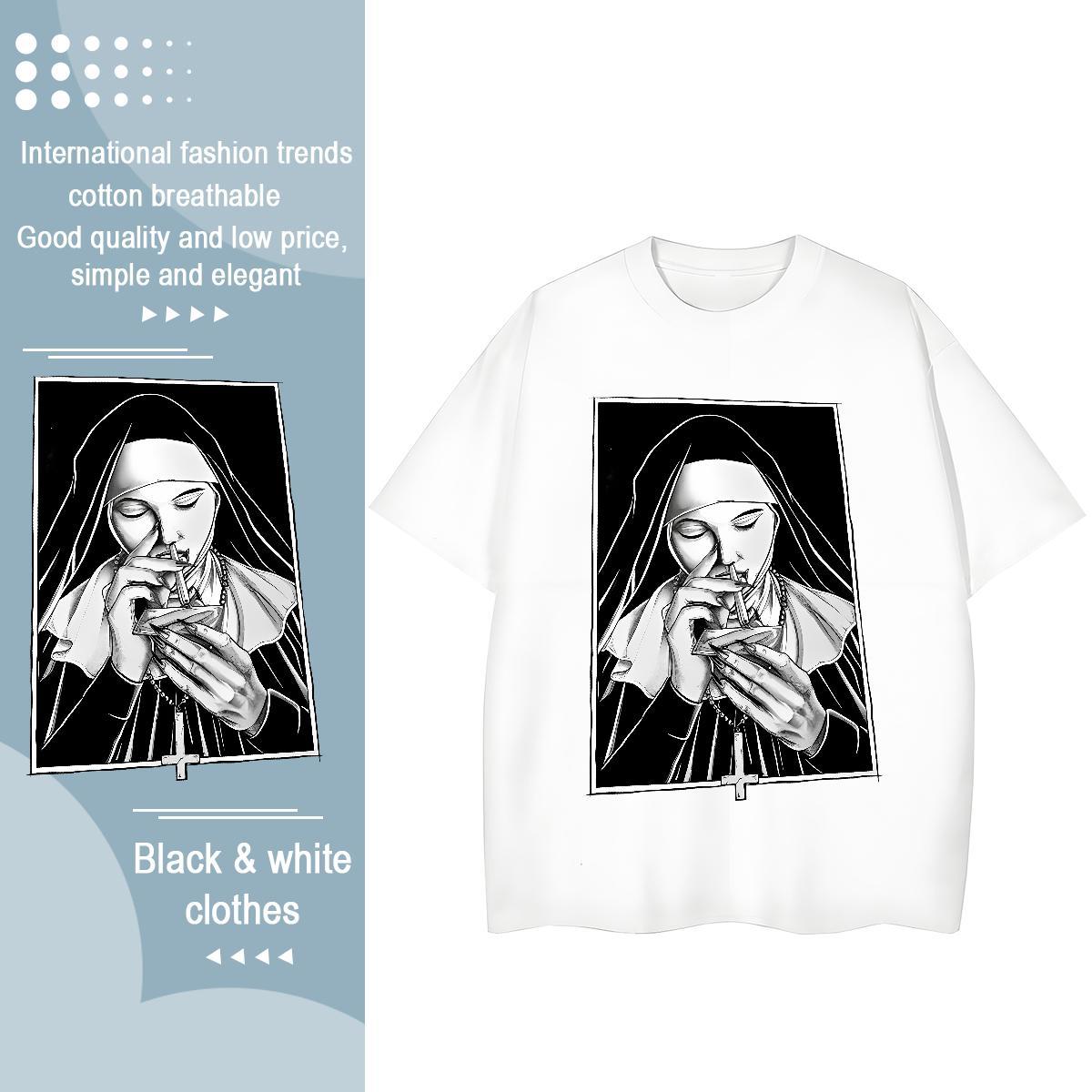 Popular Couples T Shirts 230g 100% Cotton nun Street Casual Women T Shirts Breathable Crew Neck Cartoon Print Tops Shirt