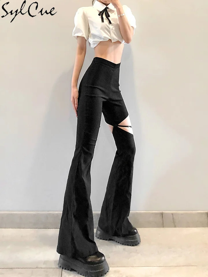 Sylcue Summer High Street Style Small High-Waisted Flared Trousers Thighs Personality Eith Hollow And Sexy Show Legs Long Pants 240829