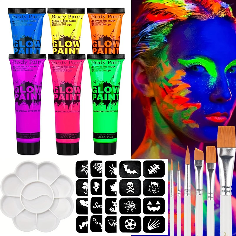 6 pieces of 25ml fluorescent paint luminous body painting painting party Halloween event makeup club makeup Christmas Gl 240829