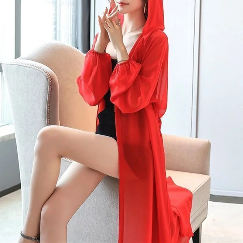 Summer Sun Protection Clothing Women Hooded Cardigan Female Chiffon Sunscreen Shirt Long Coat Ladies Shawl Outerwear 240819