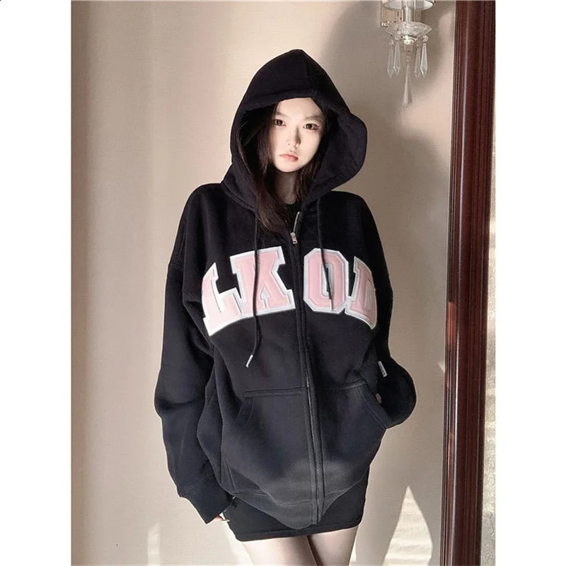 Streetwear Zipper Hoodie Womens Oversized Letter Printed Long Sleeve Fashion Pocket Y2k Top AutumnWinter 240827