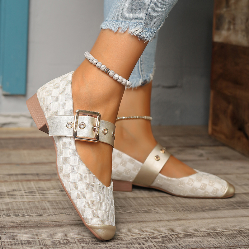 Elegant Plaid Pattern Mary Jane Shoes for Women Metal Buckle Ankle Strap Pumps Woman Comfort Low Heels Single Shoes Plus Size