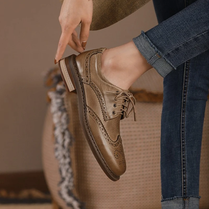 Spring Autumn Women Oxford Flats Shapes Brogues Genuine Leather Office Outsole Mole Female Ballet Derby Shoes Ladies a27f