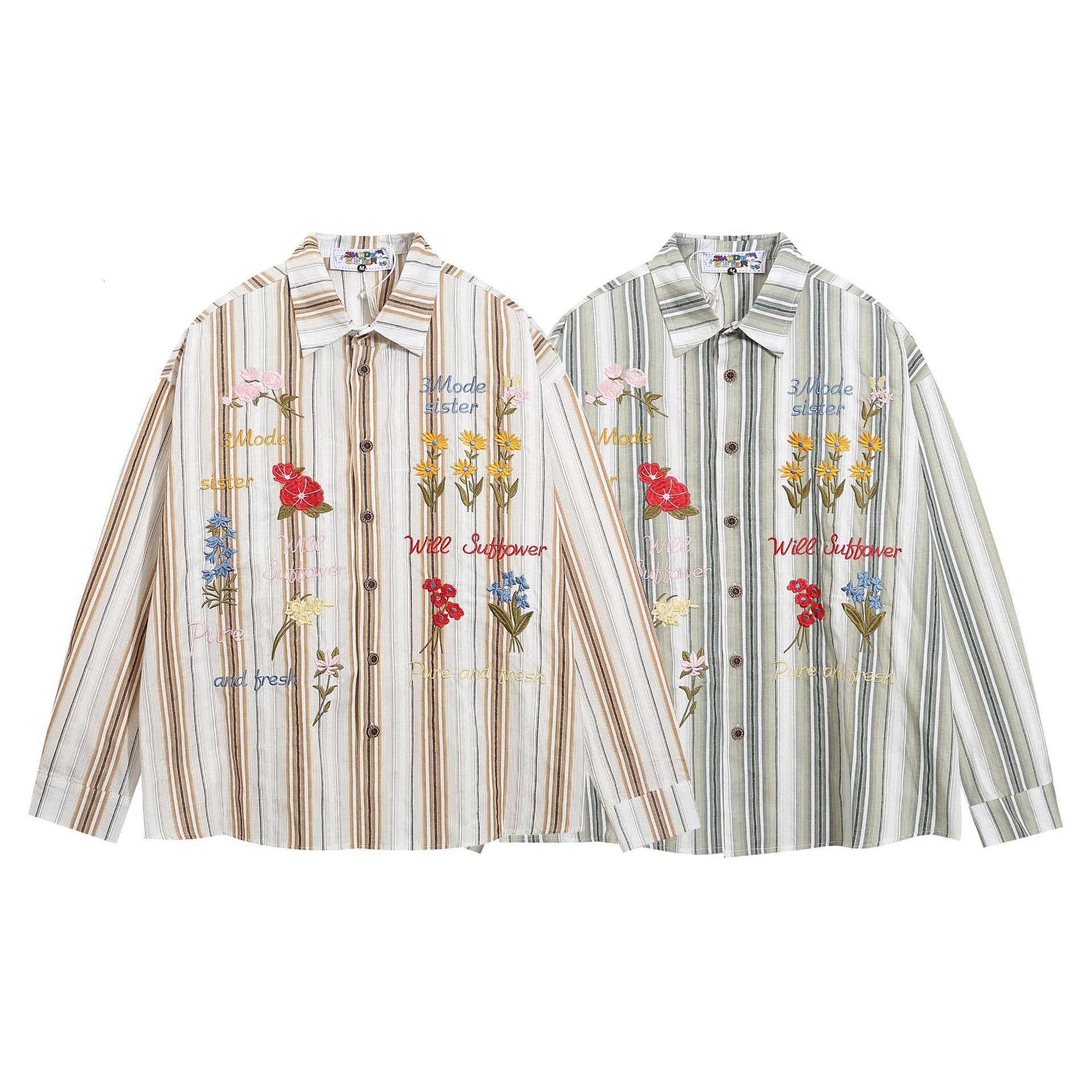 Instagram Trendy Flower Embroidered Striped Shirt New Casual Shirt Vintage