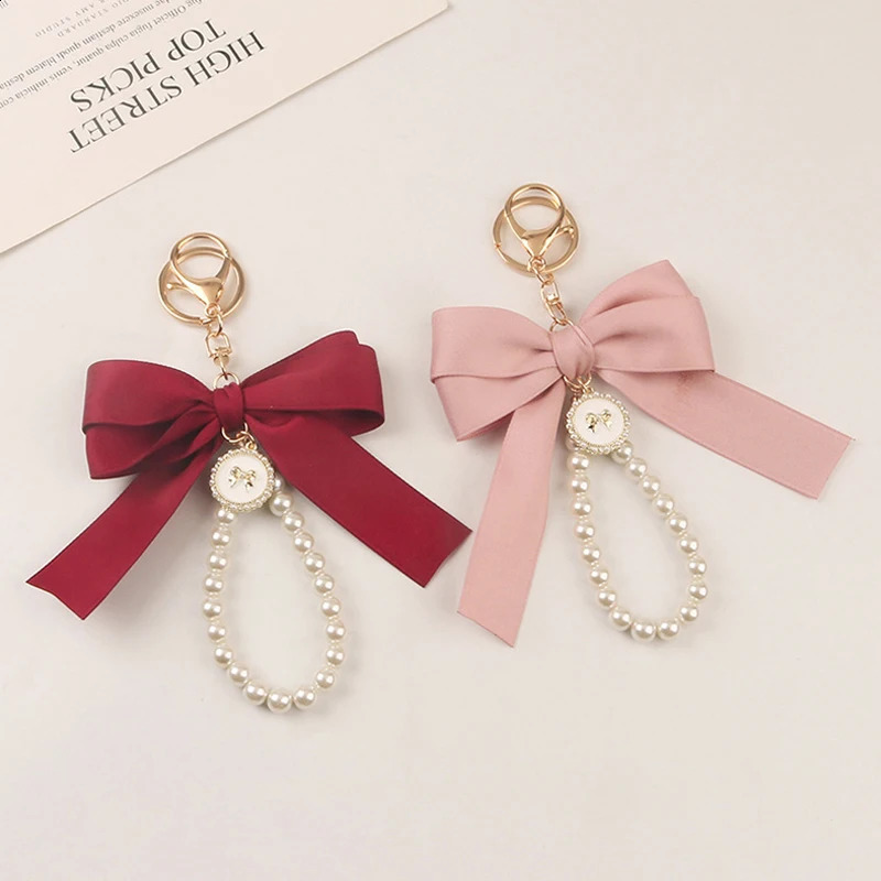 Pearl Keychain Sweet Fashion Ribbon Bowknot Keyring Accessories Metal Buckle Women Bag Charms Gifts Jewelry 240829