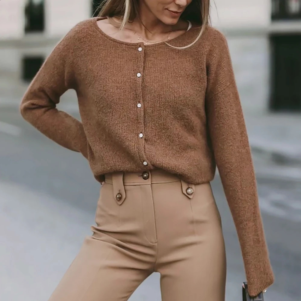 ZESSAM Solid Color Jacquard Knit Cardigans ONeck Long Sleeve Buttons Loose Female Sweater Casual Classic Cozy Lady Tops 240827