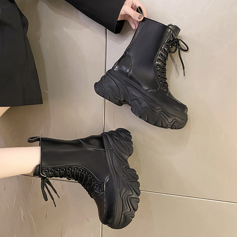 Super Punk High Platform Women Chunky Heels Lace Up Motorcycle Boots Woman Black White Thick Bottom Ankle Booties Female cd56