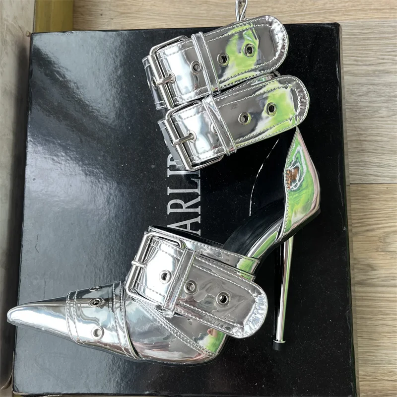 Rivet Denim Buckle Sier Sandals Women's Sexy Punk Style Pointed Metal New Hollow 12cm High Heels Size 34-43 Womens Shoes 8b20
