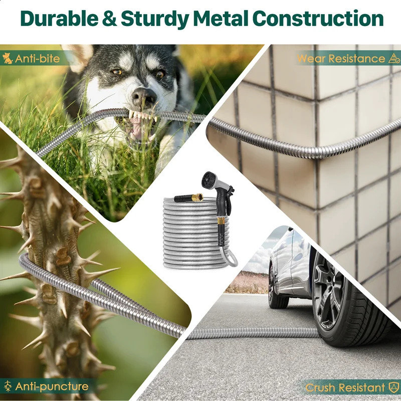 50-100 feet 304 stainless steel garden hose metal heavy-duty garden hose with nozzle outdoor flexible never twisted 240829