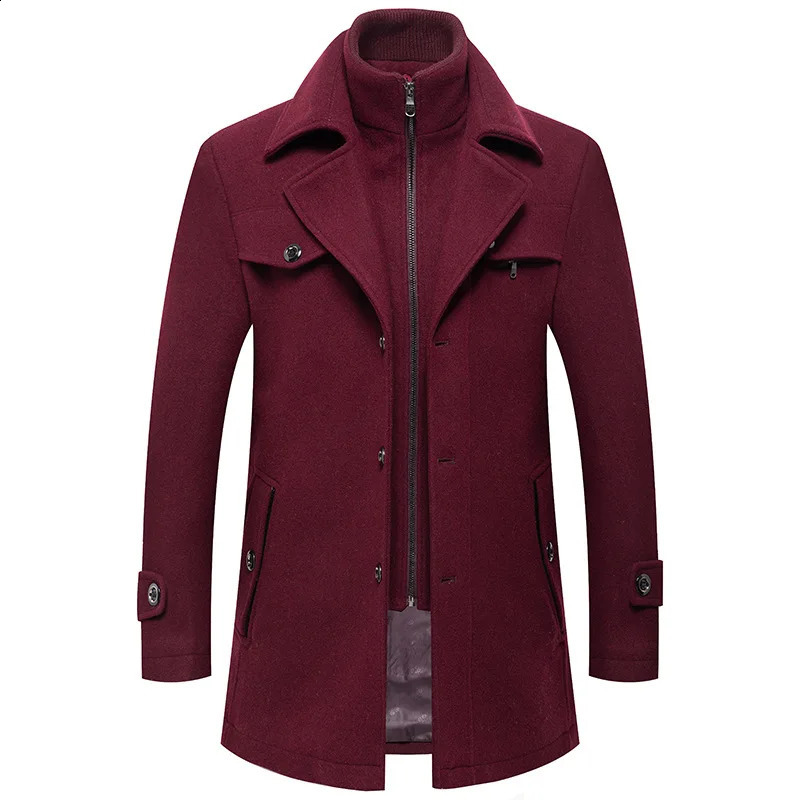 Winter mens slim fit wool trench coat fashion mid length coat mens double neck zipper solid color casual wool coat 240829