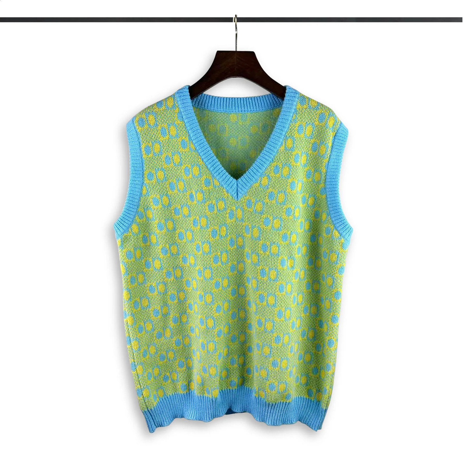 Flower splicing V-neck vest Harajuku plain weave jacquard knitted sweater sleeveless oversized spring summer casual knitting 240829