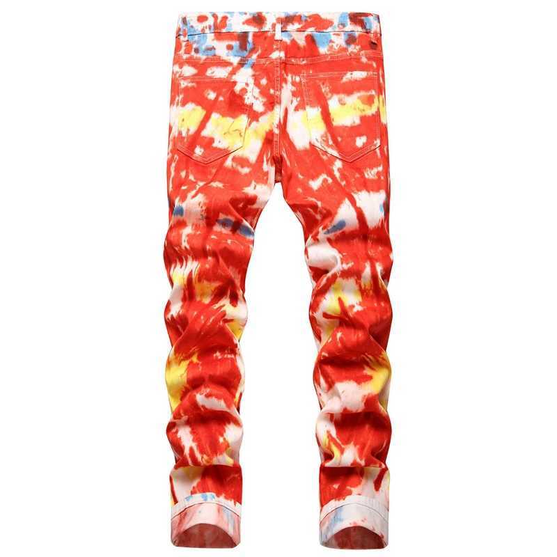 Men's Jeans Original European Style Personality Fashion Tie-Dye Printed Jeans Mid-Waist Stretch Slim-Fit Floral Pants Strt Trend Style Y240830QU0