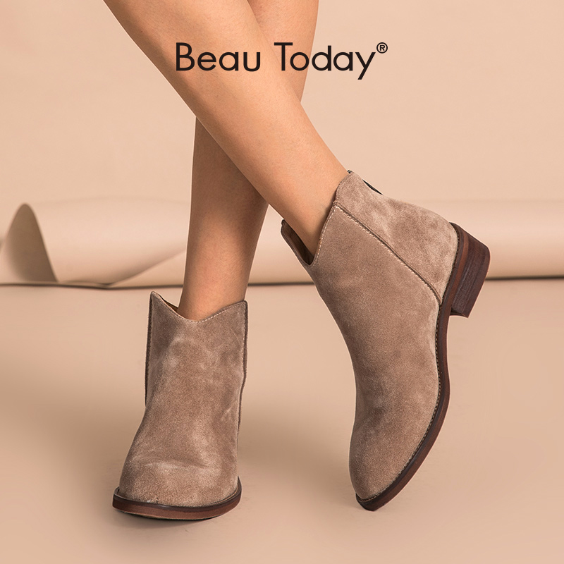 BeauToday Ankle Boots Women Top Quality Cow Suede Zip Autumn Fashion Lady Genuine Leather Shoes Flat Heel Handmade FS03274