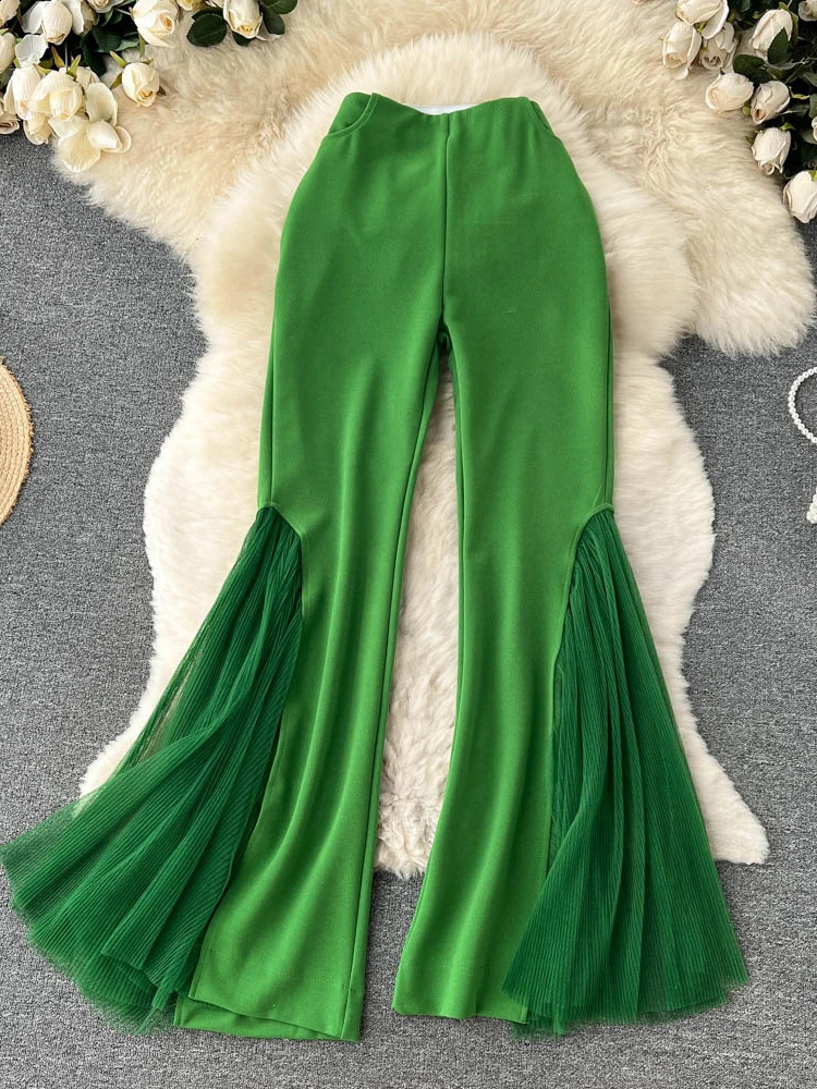 Mesh splicing Y2k womens pants for spring high waist solid wide leg Flare fashionable and casual 240827