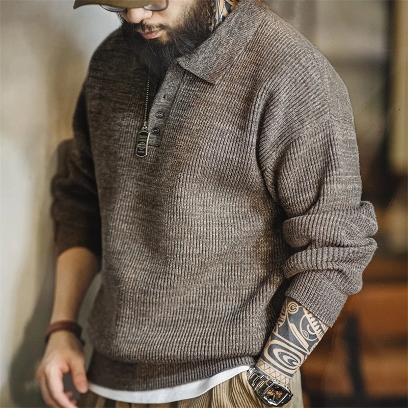 Madden vintage knitted polo shirt loose coffee colored lapel sweater autumn mens style Uncle Fu parachuting casual knitting 240829