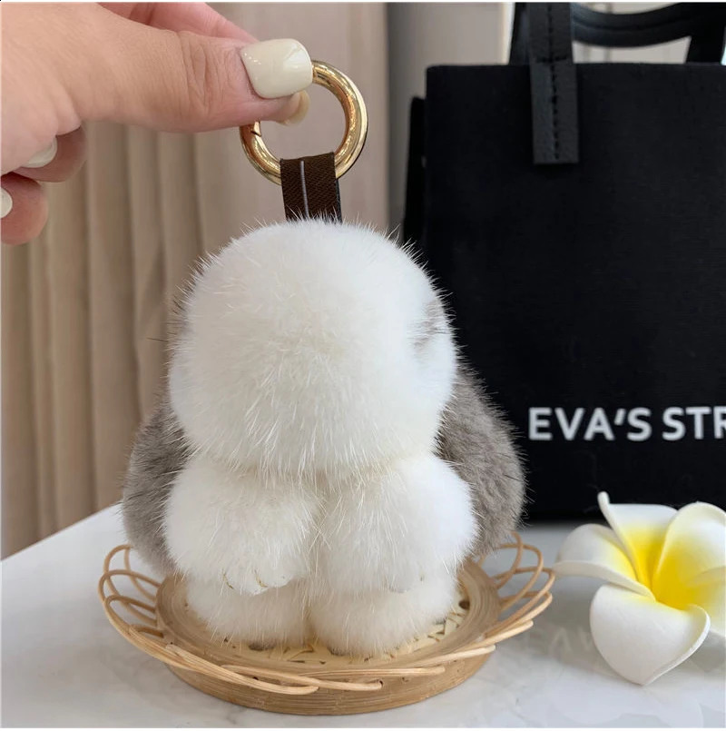 Cute Long Ear Bunny Keychain Real Mink Fur Rabbit Doll Pendant Toys Keyring Handbag Charm Ornament Pompom Plush Jewelry Gifts y240829