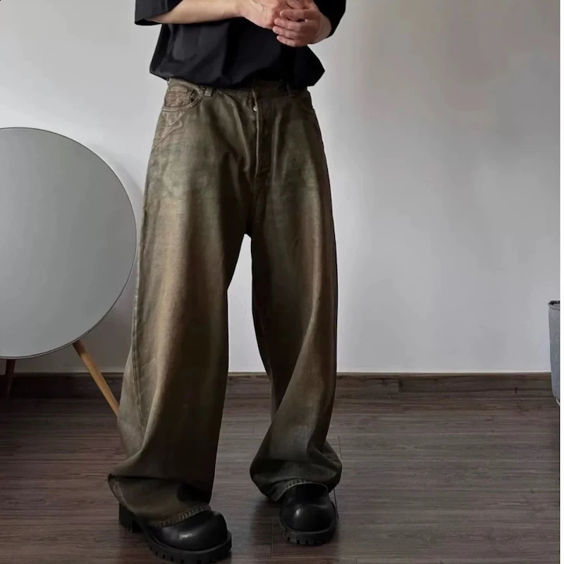 Oil Wax Coating Distressed Silhouette Jeans for Men and Women Washed Streetwear Baggy Denim Trousers Oversized Ropa Hombre Cargo 240826Z