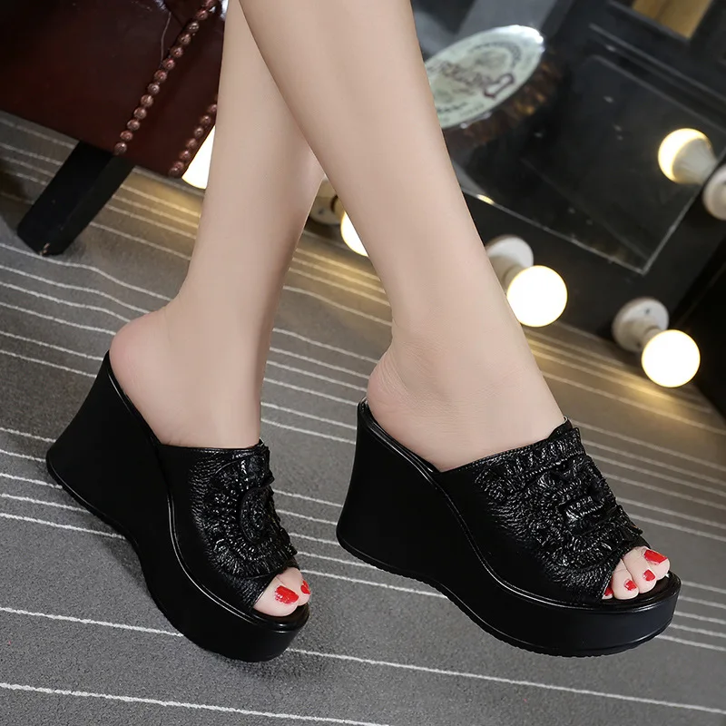 YAERNI Genuine Leather Women Sandals Shoes Woman Summer Wedge Sandals Women Color Block Decoration Sandals Mother Shoes Plus