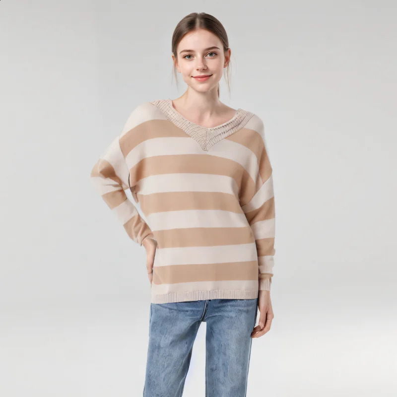 YG Autumn Womens Knitted Fashion Stripe Vneck Loose Long Sleeve Fabric Soft and Comfortable Hoodie 240827