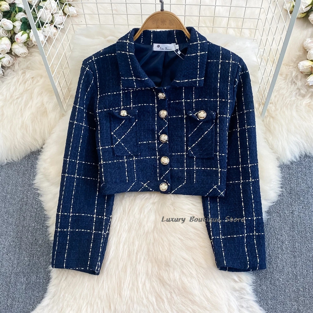 Metal Button Tweed Jacket And Tank Dress Of Short Coat Fashion Plaid Mini Dresses Autumn Winter Women Two Piece Set 240829