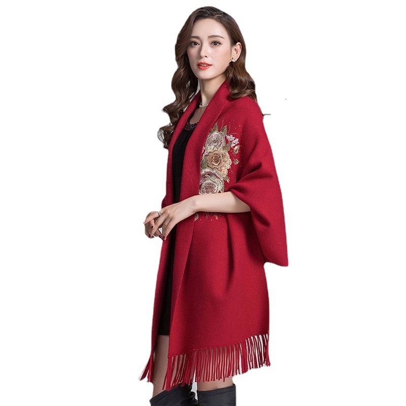 Sleeved Shawl for Women in Autumn and Winter Thick Scarf Embroidered with Hot Diamonds Cheongsam Shawl for Weddings Outer Cloak 0233#