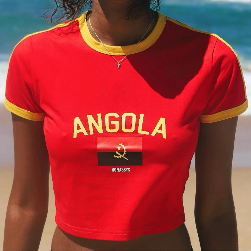 Angola womens letter printed Tshirt summer Oneck short sleeved ultrathin baby Y2K 2000s casual crop top street clothing 240830