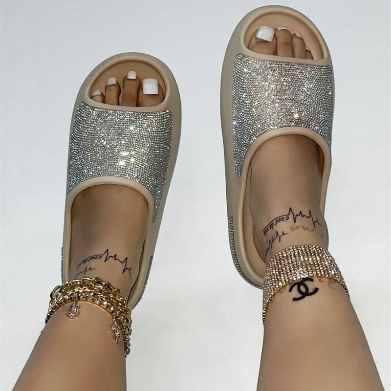 Women Slides Fashion Platform Rhinestone Decor Slide Sandals Outdoor Non-slip Beach Sandals 2024 Summer New Women Slippers