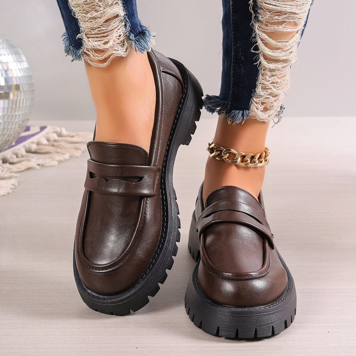Rimocy Casual Platform Loafers Woman 2024 British Style Black Brown PU Leather Shoes for Women Comfort Slip On Flats Plus Size