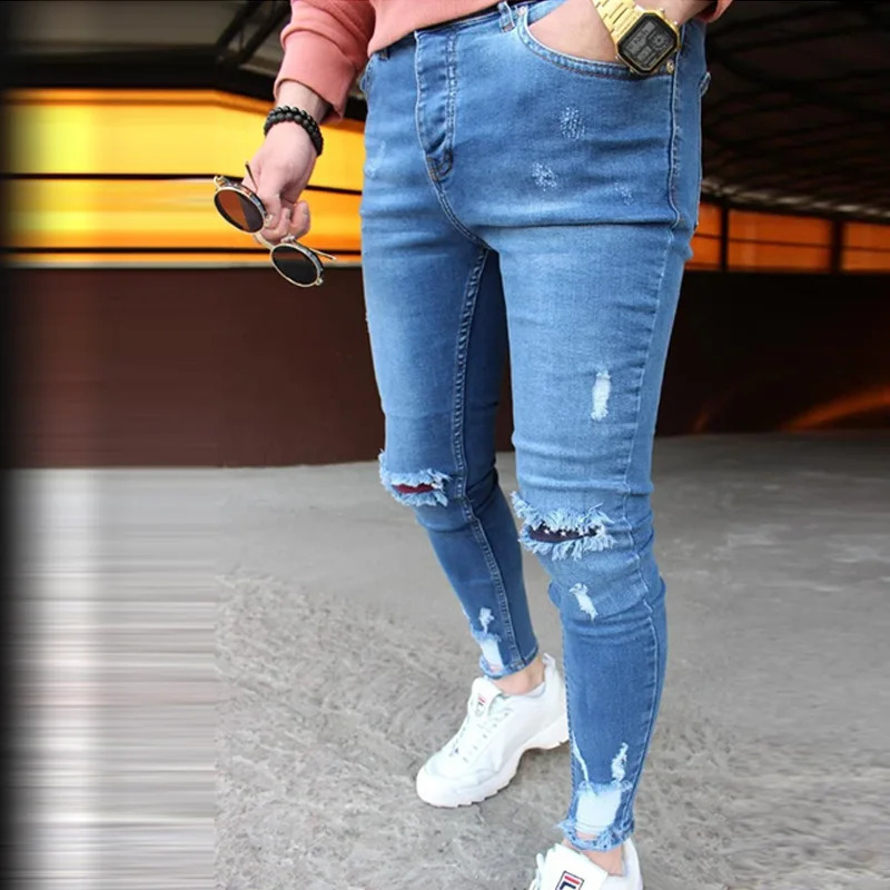 Mens Jeans Slim Pants Holes Denim Casual Trousers Trend Skinny for Men Fashion Pencil Clothing 240826Z