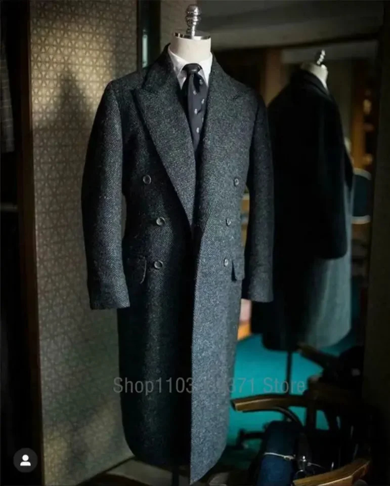 Herringbone Suit Jackets Men Tweed Wool Blend Trench Coat Long Double Breasted Overcoat Military Business Blazer Tailore Made 240830