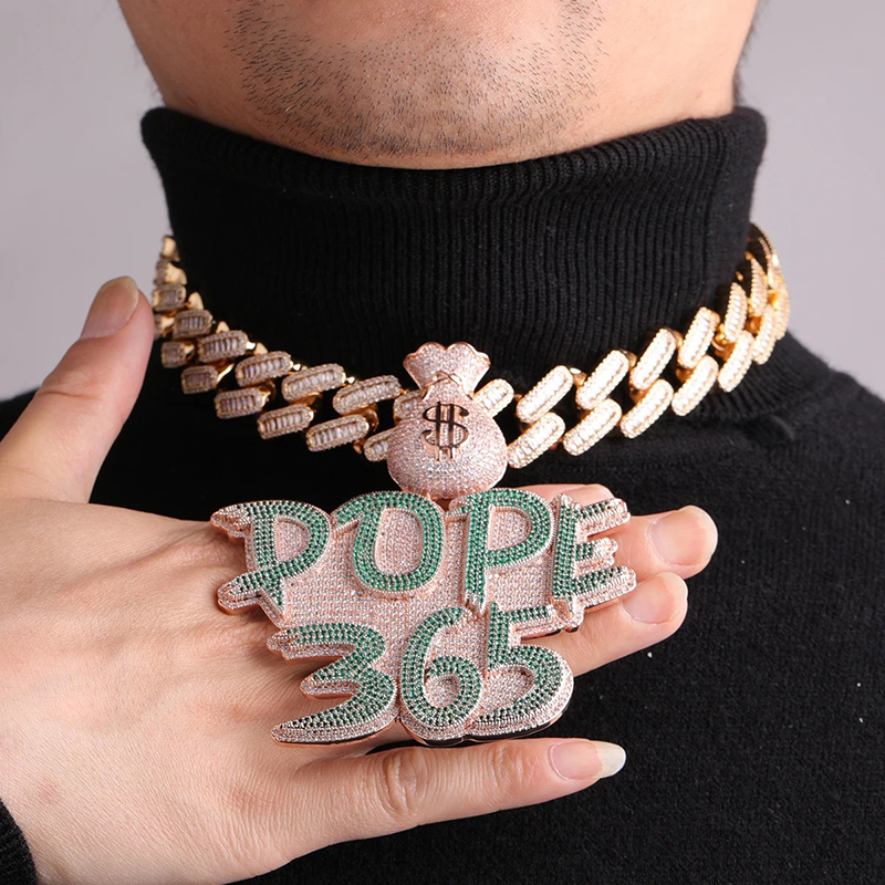 Hip Hop Custom Colorful Money Bag DIY Letters Pendant Necklace 5A Zircons Mens Jewelry