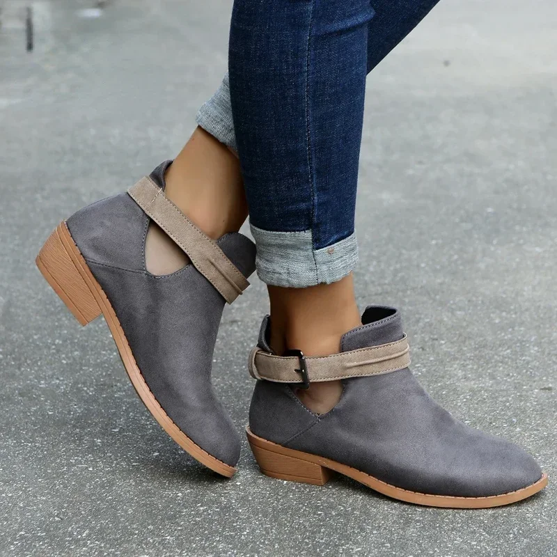 Ankle Women Square Heel Vintage Leather Shoes Female Autumn Buckle Strap Round Toe Casual Short Boots Plus Size 35-43 2e54